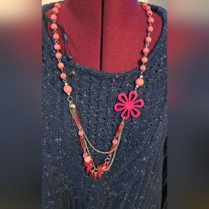 Pink Wooden And Platic Beaded Necklace with Flower